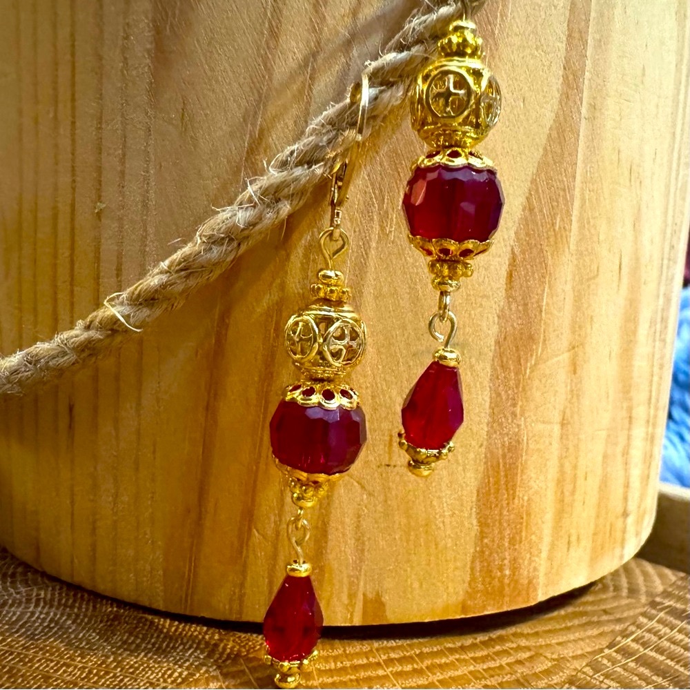 Artisan Gold Filigree, Red Crystal & Faceted Glass Pierced Dangle Earrings